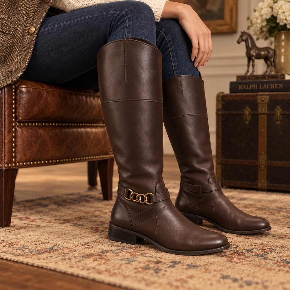 Ralph Lauren Menna Brown Leather Riding Boots Gold Chain Knee High 6.5B